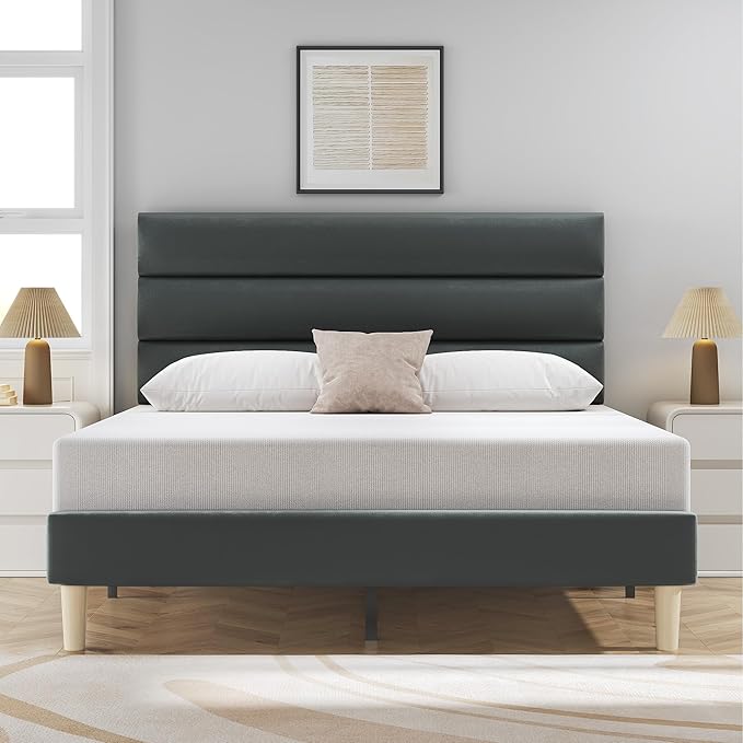 Fluest Full Bed Frame, Platform Bed Frame with Velvet Upholstered Headboard, No Box Spring Needed, Sturdy Metal Support, Noise Free, Easy Assembly, Modern Bedroom Furniture, Grey