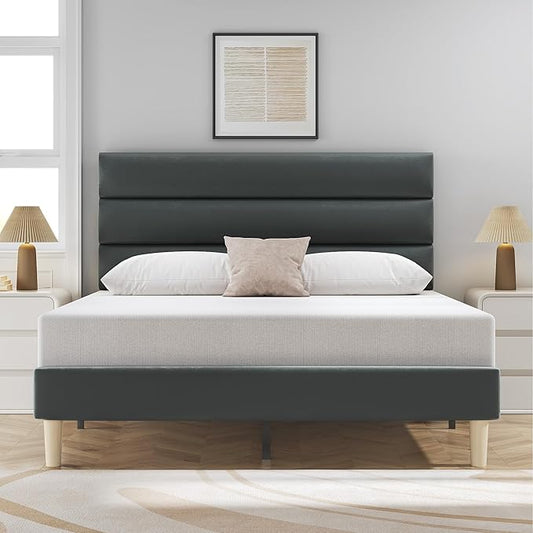 Fluest Full Bed Frame, Platform Bed Frame with Velvet Upholstered Headboard, No Box Spring Needed, Sturdy Metal Support, Noise Free, Easy Assembly, Modern Bedroom Furniture, Grey