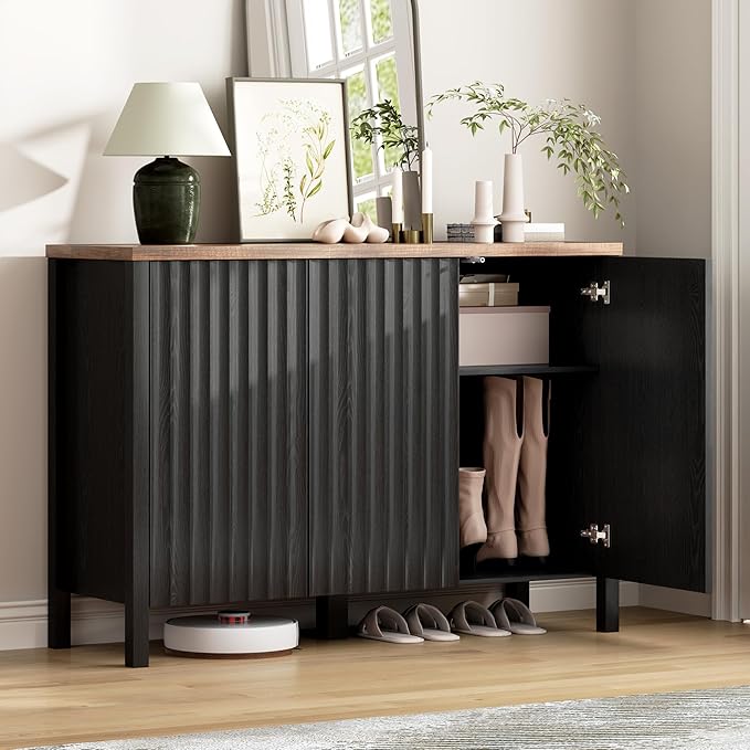 Vlsrka Shoe Cabinet with 3 Doors, Narrow Wooden Shoe Cabinet, Hidden Shoe Storage for Entryway, Foyer, Hallway (Black D)