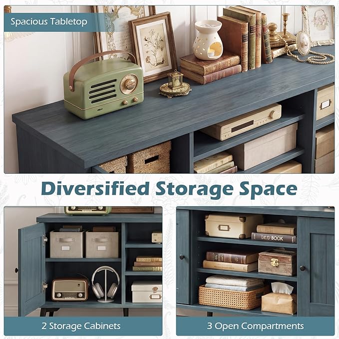 Giantex 2-Door TV Stand for TVs up to 65", Mid Century Modern Entertainment Center with 2 Storage Cabinets & 4 Adjustable Shelves, 6 Metal Legs, Media TV Console Table for Living Room (Teal Blue)