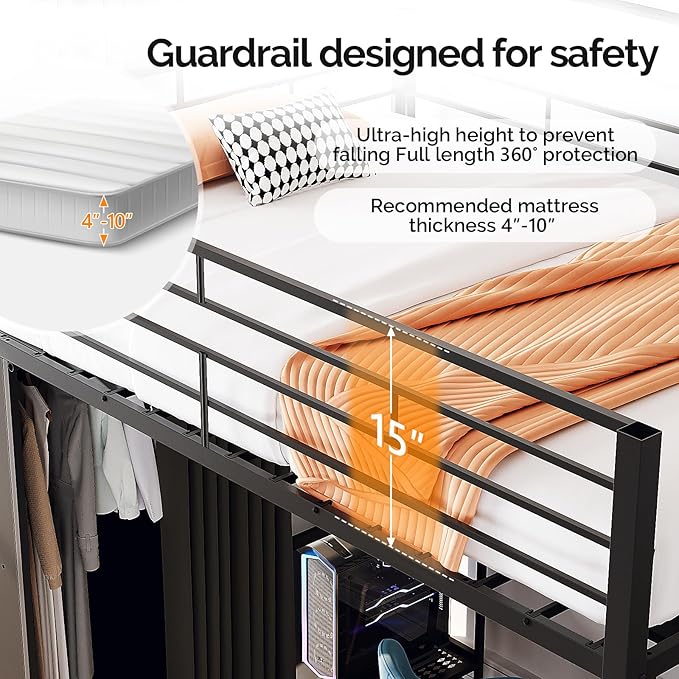 VINGLI Full Loft Bed 15 Inch Extra Tall Safety Guardrail, Wardrobe with Curtain, and Flat Rungs, LED High Double Sleeper with 2 Charging Stations, Desk and Drawer, Heavy Duty Space Saving Bed, Black