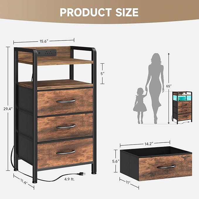 Lazzanto Night Stand Bedside Table Bedroom - Tall Nightstand with Charging Station & LED Light Strip, Bed Side Table with Storage Shelf & 4 Drawers, End Table with U-S-B Ports & AC Outlets, Brown