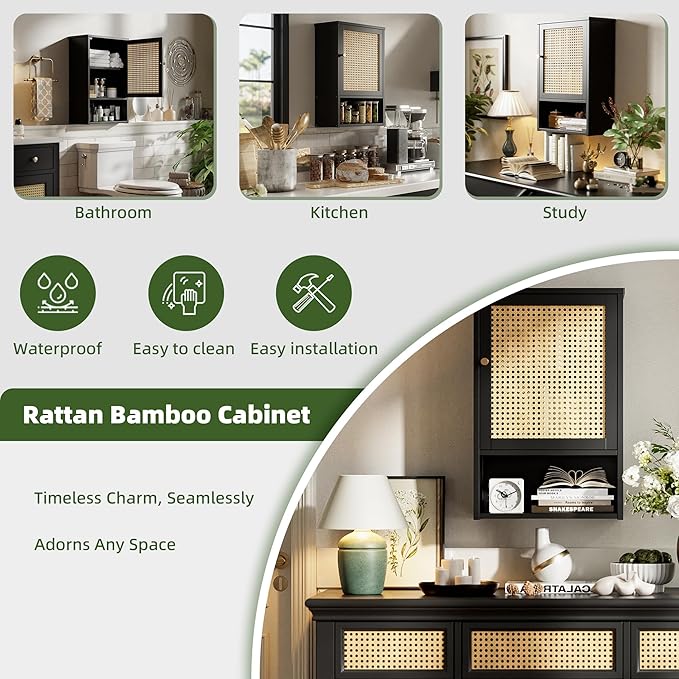 Bathroom Wall Cabinet, Bamboo Over-The-Toilet Storage Organizer with Rattan Doors and Adjustable Shelf, Space Saver Medicine Cabinet for Laundry, Kitchen, Living Room (Black)