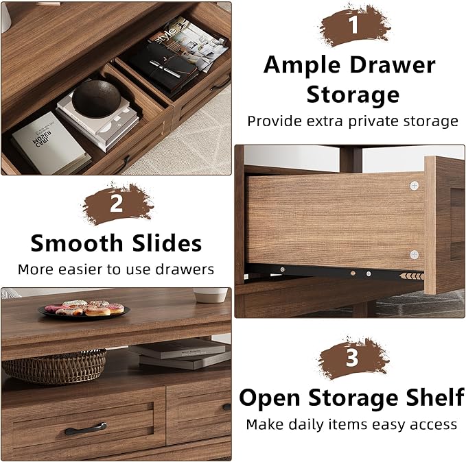 IDEALHOUSE Brown Coffee Table with Drawers, 47.2” Rustic Center Table with Open Shelf and 6 Support Legs, Large Living Room Table with Storage