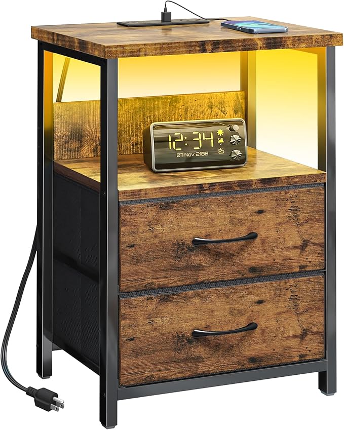 Fixwal Night Stand with Charging Station, LED Nightstand with U-S-B Ports and Outlets, 2 Fabric Storage Drawers with PU Finish, Bedside Table, Rustic Brown