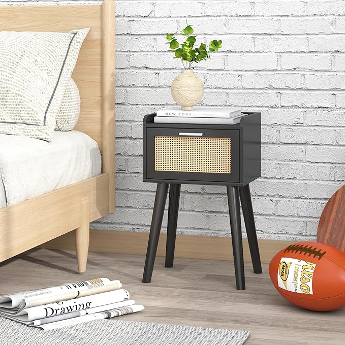 LAATOOREE Nightstand Set of 2, Small Black Bedside Table, End Table with Rattan Door, Boho Side Table with Solid Wood Legs for Bedroom Living Room Small Space