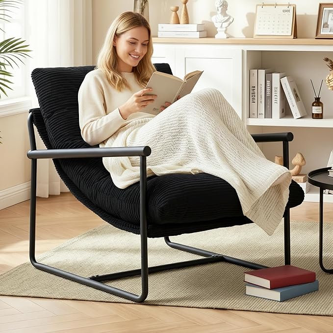 Modern Accent Chair Set of 2, Living Room Chair with Metal Frame,Upholstered Arm Chair with Soft Cushion for Bedroom Lounge Reading Room (Black)