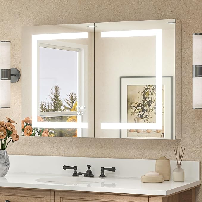 TETOTE LED Lighted Bathroom Medicine Cabinet Mirror with Lights 36 x 24 Recessed or Wall Mounted Cabinet with 2 Door, Tempered Glass, Outlets & USB, 3-Color Stepless Dimming, Defog, Adjustable Shelf
