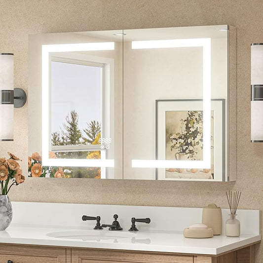 TETOTE LED Lighted Bathroom Medicine Cabinet Mirror with Lights 36 x 24 Recessed or Wall Mounted Cabinet with 2 Door, Tempered Glass, Outlets & USB, 3-Color Stepless Dimming, Defog, Adjustable Shelf
