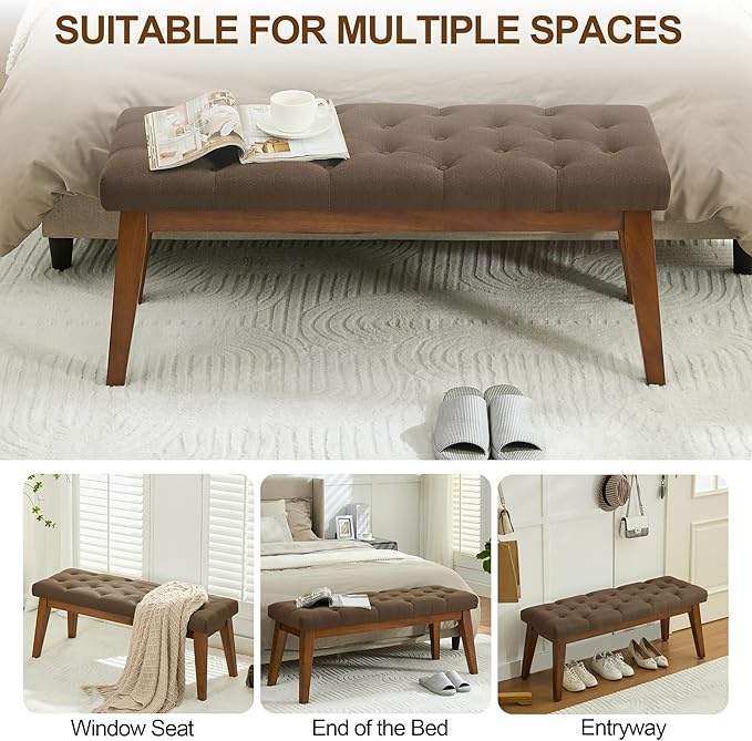 WUTUTUEE 43.5'' Linen Bedroom Bench, Upholstered End of Bed Bench with Tufted Button, Padded Vintage Dining Bench, Entryway Bench with Solid Wood Legs, Kitchen, Living Room, Hallway, Brown Tufted