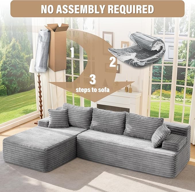Hobestluk Modular Sectional Sofa Boneless Couch L-Shape Couch 3 Seat Modular Couch Memory Foam Sectional Couches for Living Room Furniture, Cloud Couch with Oversized Chaise (108" Left Facing Chaise)