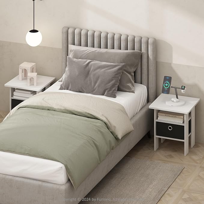 Furinno TIDUR Night Stand, Open Shelf Design Nightstand with Storage Bin, Bedside Table, End Table, Side Table, for Bedroom, Closet, Dorm, White