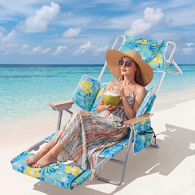 5-Positon Backpack Beach Chair, Portable Folding Tanning Chair, Double Shoulder Straps Beach Lounge Chair with Footrest, Face Hole, Towel Bar for Camping (Yellow Green, 60.6")