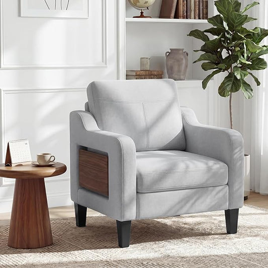Accent Chair for Living Room, Mid-Century Upholstered Armchair with Foldable Table & 2 Side Pockets, Modern Linen Wooden Sofa Chair for Bedroom & Reading Room, Light Grey