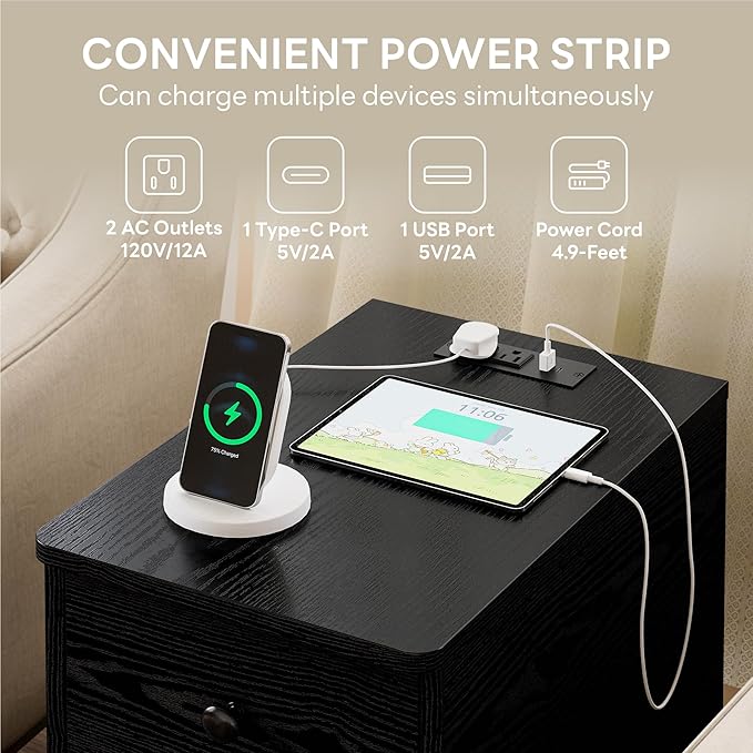 LIKIMIO Nightstand with Charging Station, Narrow Bedside Table with 3 Drawers, End Table with USB Ports and Outlets, Side Table for Living Room/Bedroom Modern