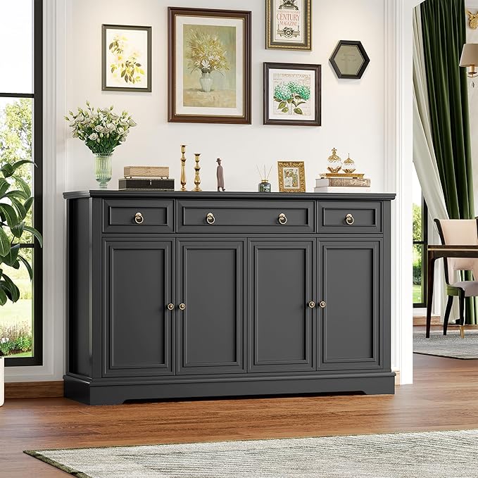 FINETONES Buffet Cabinet with Storage, 52.7" Large Sideboard Buffet Table, Black Kitchen Cabinet with 3 Drawers and 4 Doors, Wood Coffee Bar for Kitchen Dining Room, Black