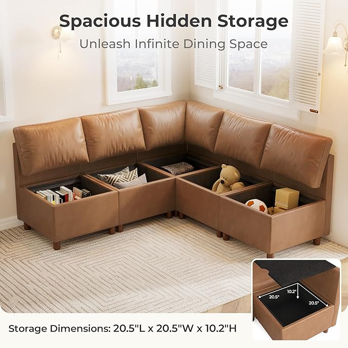 SITJOY Breakfast Nook Bench with Storage, Modular Corner Kitchen Banquette Seating, Dining Settee Couch, Upholstered Dining Bench with Back, Pet-Friendly Faux Leather in Brown, 5-Seat L Shaped Nook
