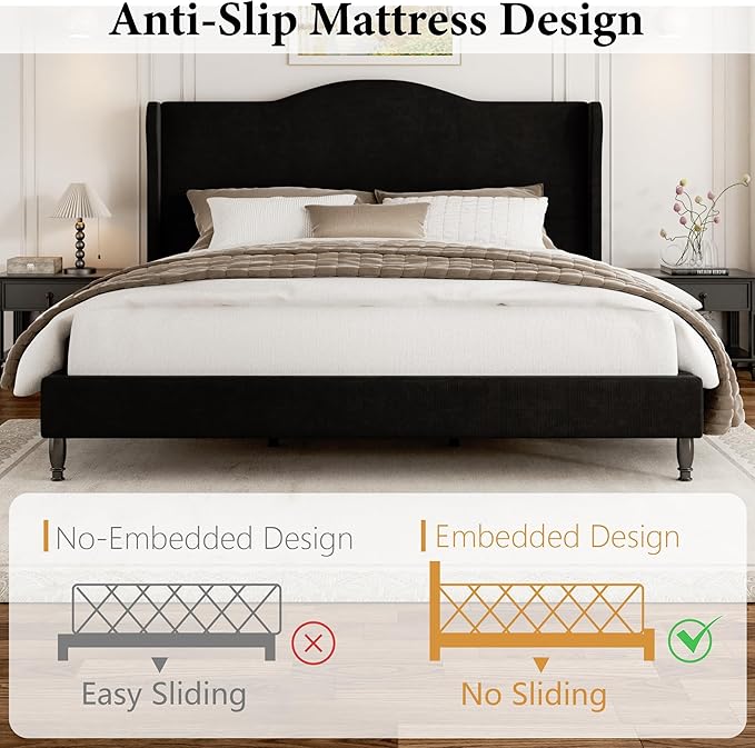 King Size Bed Frame with Wingback Headboard, Upholstered Velvet Platform Bed Frame Easy Assembly, Heavy Duty Wooden Slats Support, Noise-Free, No Box Spring Needed, Minimalist Style, Black