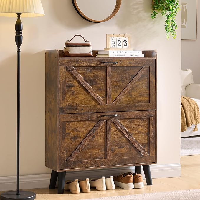 LEYAOYAO Shoe Cabinet Storage for Entryway with 2 Flip Drawers Rack Narrow Organizer Slim Hidden Wood Shoe Cabinet Furniture Walnut