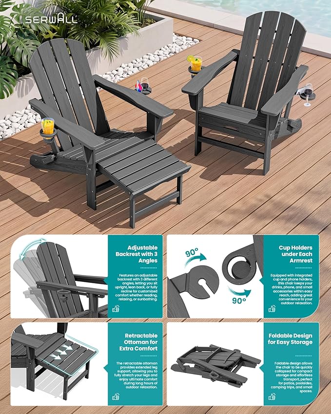 SERWALL Folding Adjustable Adirondack Chairs with Footrest Set of 4, HDPE Outdoor Chair with Dual Cup Holders, All Weather Adirondack Chair with Ottoman, Gray
