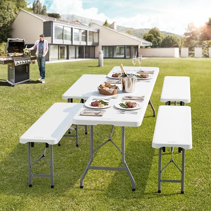 VINGLI 4 feet Plastic Folding Bench,Portable in/Outdoor Picnic Party Camping Dining Seat, Garden Soccer Multipurpose Entertaining Activities, Smooth HDPE Tabletop (1, White, 4ft)