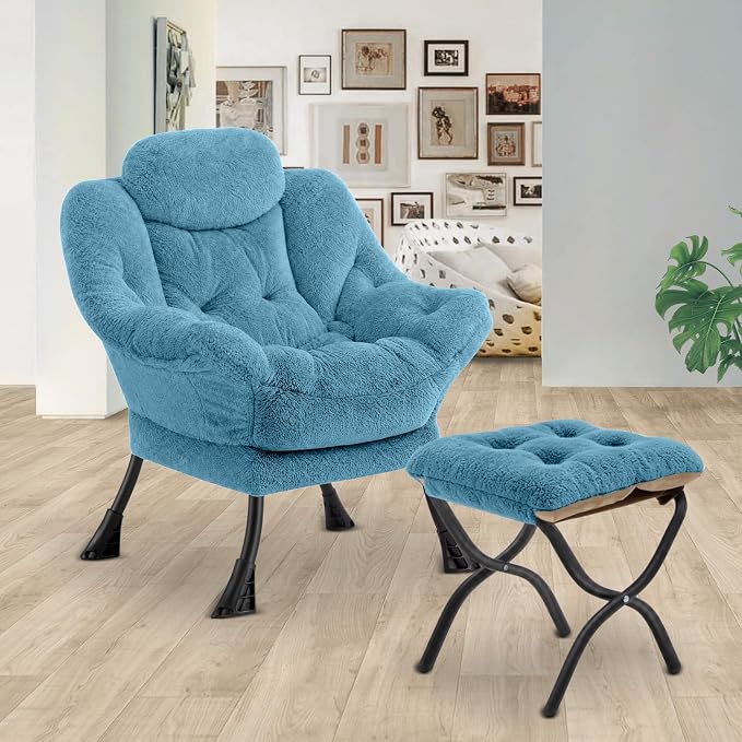 Lazy Chair with Folding Ottoman,Leisure Sofa Chair,Soft Fabric Armchair with Armrests and Side Pockets, Reading Chair with Footrest for Living Room, Bedroom, Office (Plush Blue)