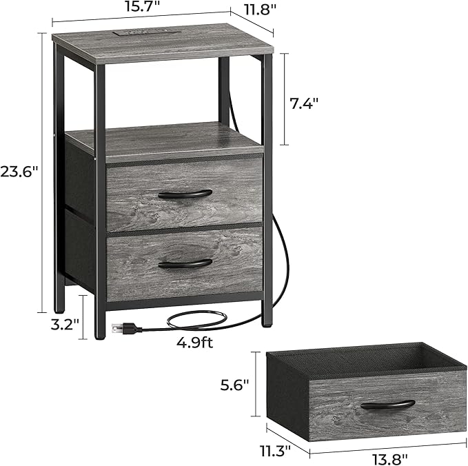 Huuger Nightstand with Charging Station, Fabric Drawers, End Table with Open Shelf, Bedside Table with USB Ports and Outlets, Night Stand for Bedroom, Gray