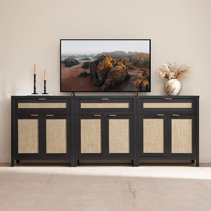 SICOTAS Sideboard Buffet Storage Cabinet Set of 3, Rattan Credenza Buffet Table, Modern Console Accent Cabinet with Doors and Drawer, Coffee Bar for Kitchen Entryway Living Room, Black