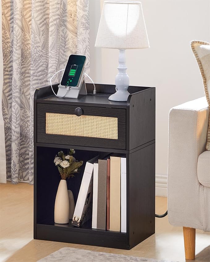 CHOEZON Nightstand, End Table with Charging Station, Side Table with Rattan-Style Drawer and Storage Shelf, Modern Sofa Table with 1 AC Outlet and 2 USB Ports, for Bedroom, Black MBZ01UBB