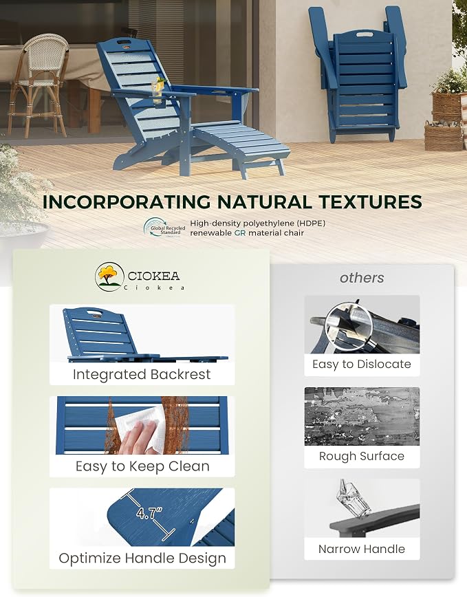 Ciokea Folding Adirondack Chair Set of 2 with Retractable Ottoman Fire Pit Patio Chair with Pull Out Foot Rest Weather Resistant Lawn Outdoor Chair with 2 Cup Holder(Navy Blue)