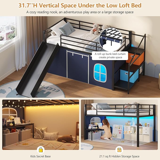DICTAC Low Loft Bed with Slide,Storage Stairway and Led Lights Metal Twin Size Loft Bed with Under-Bed Play Space,Art Table & Play Curtain Twin Beds with 2 Drawers and 13.8''H Safety Guardrail,Black