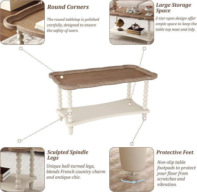 Function Home Farmhouse Coffee Table, 2-Tier Center Table with Storage Shelf, 39.8" French Country Rectangle Accent Table with Natural Tray Top and Spindle Legs for Living Room Balcony, Antique White