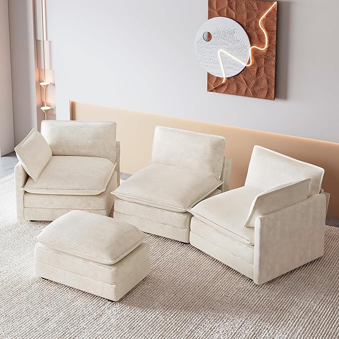 ROWHY 112'' Oversized Modular Sectional Cloud Couch with Movable Ottoman, 4 Seat Modern Corduroy Sofa, Deep Seat L Shaped Couch for Living Room Bedroom Apartment, Cream