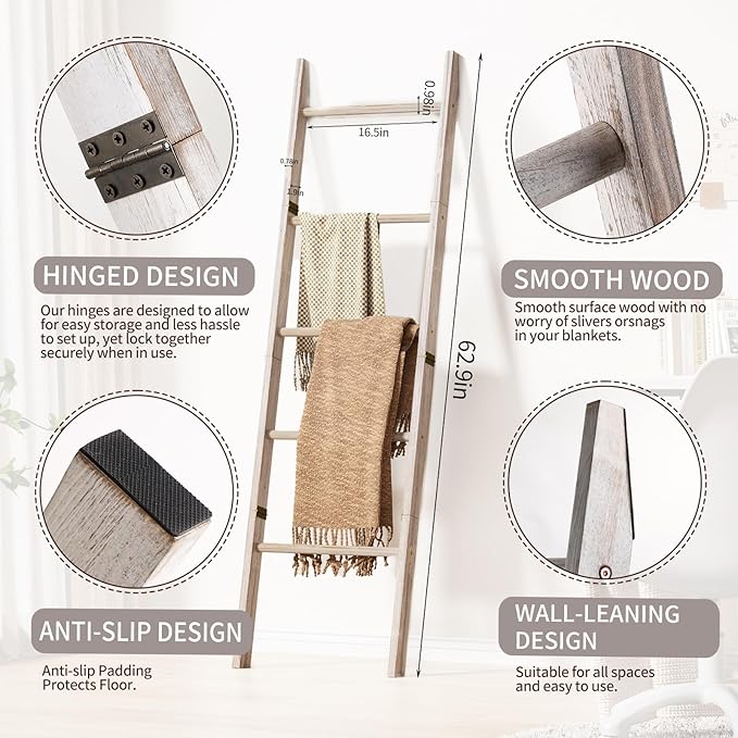 XLHOMO 5-Tier Wooden Blanket Ladder, 63" Rustic Leaning Blanket Rack for Living Room, Decorative Quilt and Towel Holder for Bedroom Bathroom Farmhouse Home Decor, White