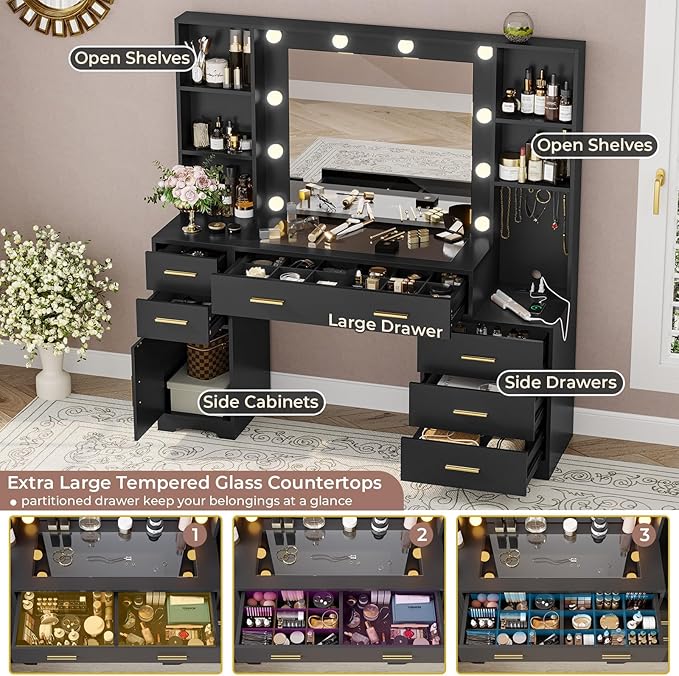 Hasuit 48.8'' Large Vanity Desk with Lighted Mirror & Power Outlet, Black Makeup Vanity Table with 6 Drawers, 4 Shelves and 1 Storage Cabinet, Glass Tabletop Bedroom Dressing Table, 3 Lighting Modes