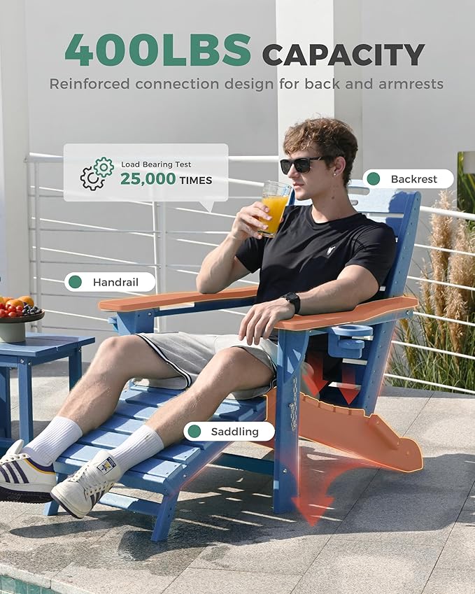 Adjustable Adirondack Chairs Set of 4 with Retractable Ottoman, HDPE Folding Adirondack Chair with Cup Holders, Weather Resistant for Backyard, Poolside & Fire Pit(Navy Blue)