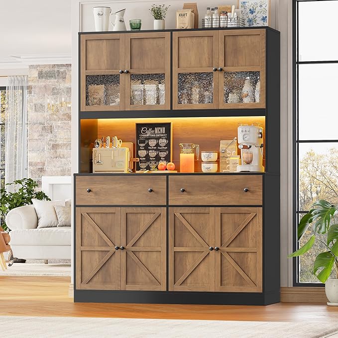 FINETONES 71" Pantry Cabinet with LED Light and Charging Station, Farmhouse Kitchen Pantry Cabinet with Microwave Stand, 47.2" Wide Kitchen Hutch Food Pantry with Open Countertop, Black/Brown