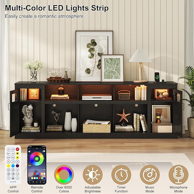 chartustriable Farmhouse TV Stand for 100 Inch TV,95" Entertainment Center w/LED Light,Large Media Console Cabinet w/Rustic Barn Doors,Power Outlets,Adjustable Shelves for Living Room,Black