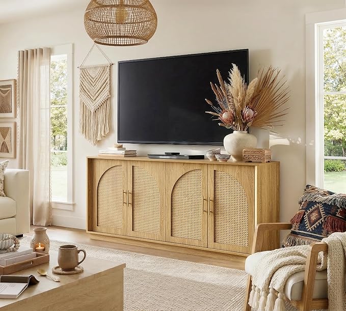 FORTUNETEC 63" Sideboard Buffet Cabinet with Storage, Modern Accent Cabinet with Rattan Arched Doors, Modular Media Console, Boho Credenza for Living Room Kitchen Dining Room Entryway, Oak
