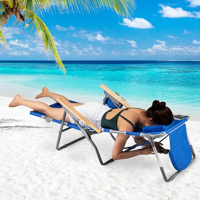 Goplus 3-in-1 Foldable Beach Chair, Lay-Flat Tanning Chair with Face and Arm Holes, Footrest, 330 lbs Heavy-Duty Portable Reclining Lounge Chairs for Outside, Camping, Patio, Poolside, Lawn (2,Navy)