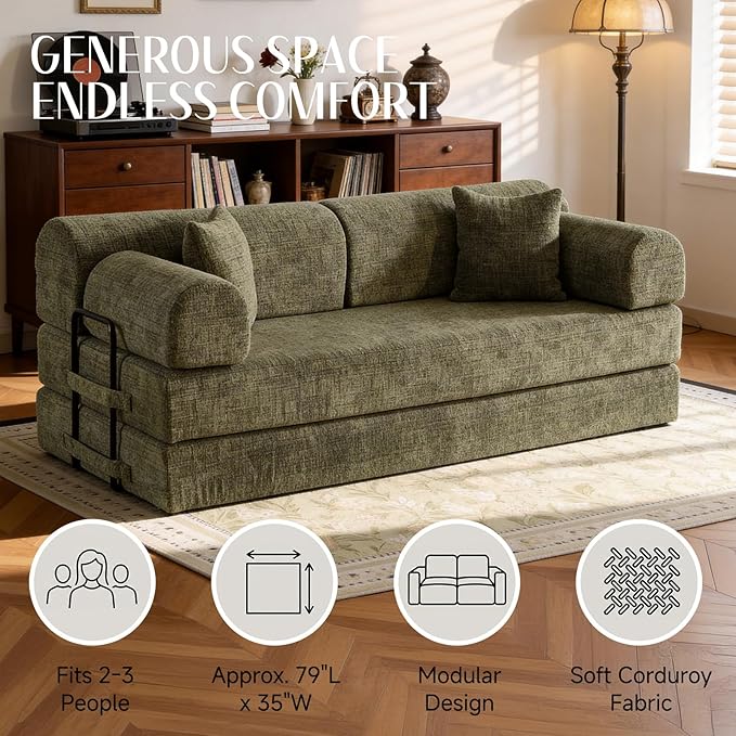 78.8" Convertible Sofa Bed with Detachable Arm Pillow, 6-in-1 Sectional Couches for Living Room, Corduroy Boneless Couch, Sleeper Loveseat Couch Bed, No Assembly, Moss Green Couch