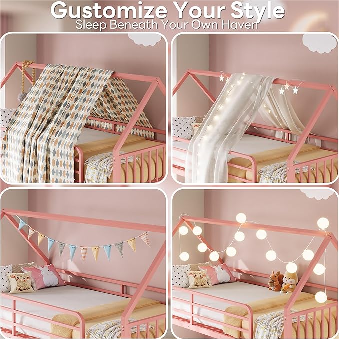 LIKIMIO Bunk Bed Twin Over Full Size, House Bunk Bed Frame with Ladder and Guardrail, House Shaped with Metal Slats Support No Box Spring Needed Space Saving for Bedroom and Dorm, Pink