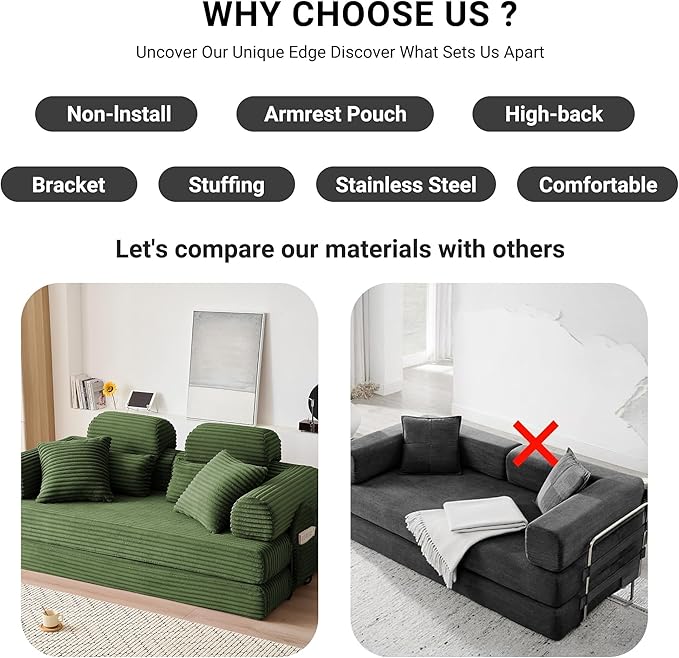 78.8" Convertible Sofa Bed with High Backrest Headrest, 5-in-1 Corduroy Boneless Couch with Side Pocket, Sleeper Loveseat Couch Bed Sectional Couches for Living Room, No Assembly, Light Green