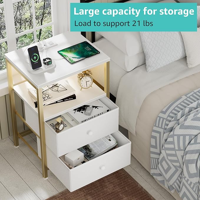 BOLUO Nightstand with Charging Station, LED Night Stand with 2 Fabric Drawers, Bedside Table with USB Ports and Outlets, Nightstand for Bedroom Modern