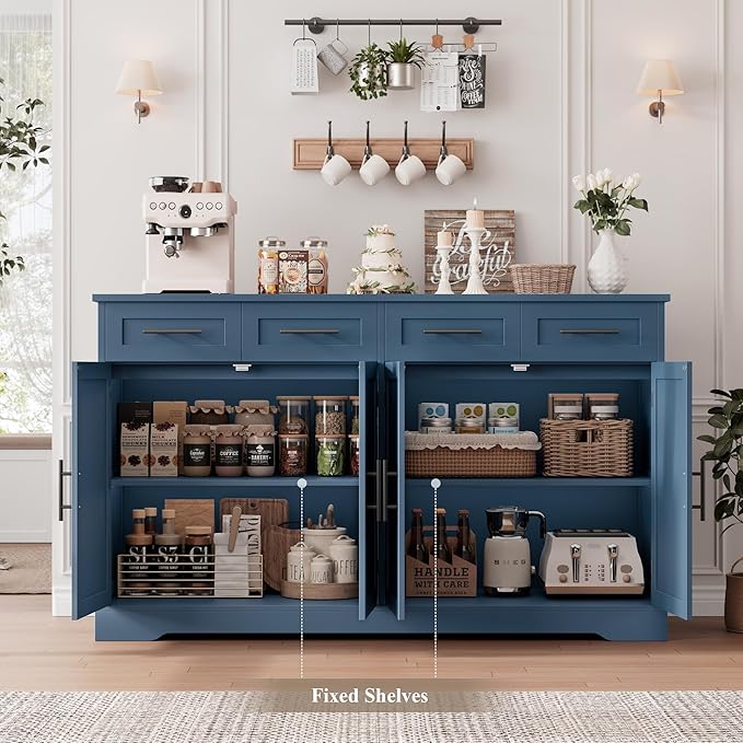 HOSTACK 60" Large Buffet Sideboard with Storage, 36" Tall Kitchen Buffet Storage Cabinet with 4 Drawers, Modern Coffee Bar Cabinet with Black Handles, Long Sideboard Buffet Table for Kichen, Blue