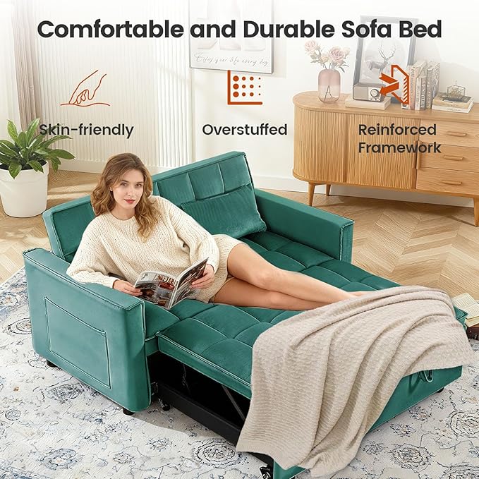 Convertible Sofa Bed, Pull Out Couch with Side Pockets, 3 in 1 Velvet Fabric Loveseat Sleeper Sofa Bed, Pull Out Couch with Adjustable Backrest for Living Room, Bedroom, Apartment, Green