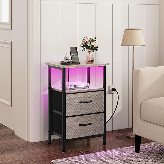 Vagusicc Night Stand Set 2, LED Nightstand with Charging Station, Bedside Table with USB Ports & Outlets, 24.2" Tall End Table with open Shelf, Bed Side Table with 2 Fabric Drawers for Bedroom, Greige