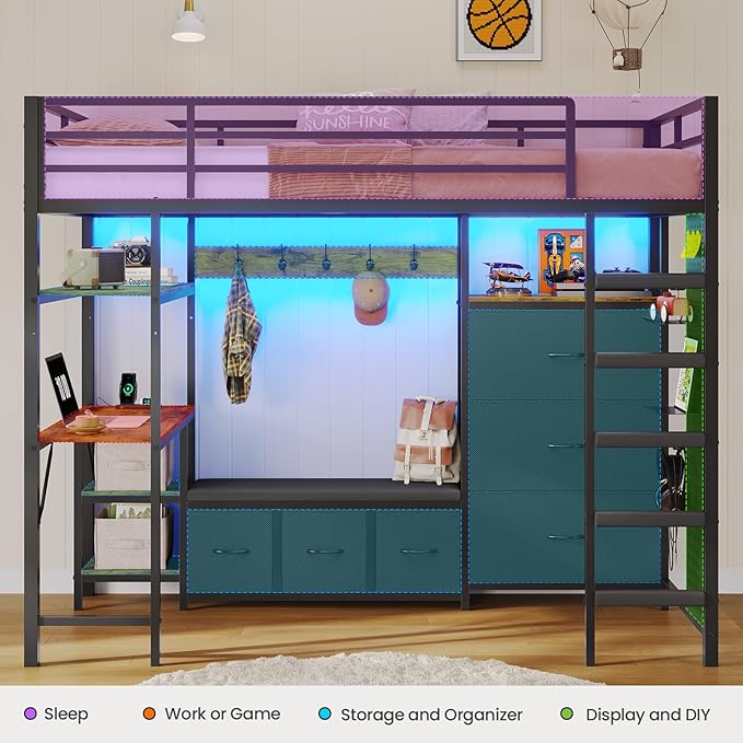 DICTAC Loft Bed Twin Size with 6 Storage Drawers,Coat Rack and Open Shelves Metal Twin Loft Bed with Desk,Charging Station and LED Light,loft beds with Large Pegboard,Stairs and Safety Guardrail,Black