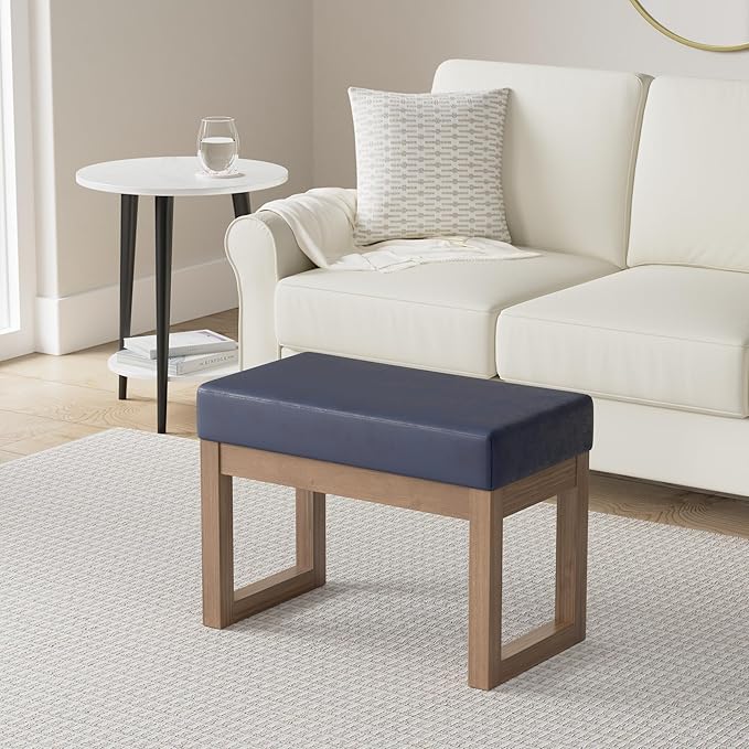 SIMPLIHOME Milltown Small Ottoman Bench - 27" Wide x 18" High Upholstered Vegan Leather Rectangle Footstool Ottoman in Distressed Dark Blue, Contemporary Bench with Cushioned Seat, Assembled