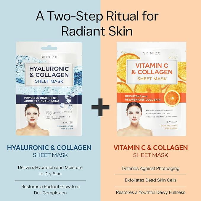 Vitamin C & Hyaluronic Acid Face Mask with Collagen – Dermatologist Tested, Korean Skin Care – Ultra Hydrating & Firming Sheet for Smoother-Looking Skin – Vegan, Clean Beauty – 10 Count